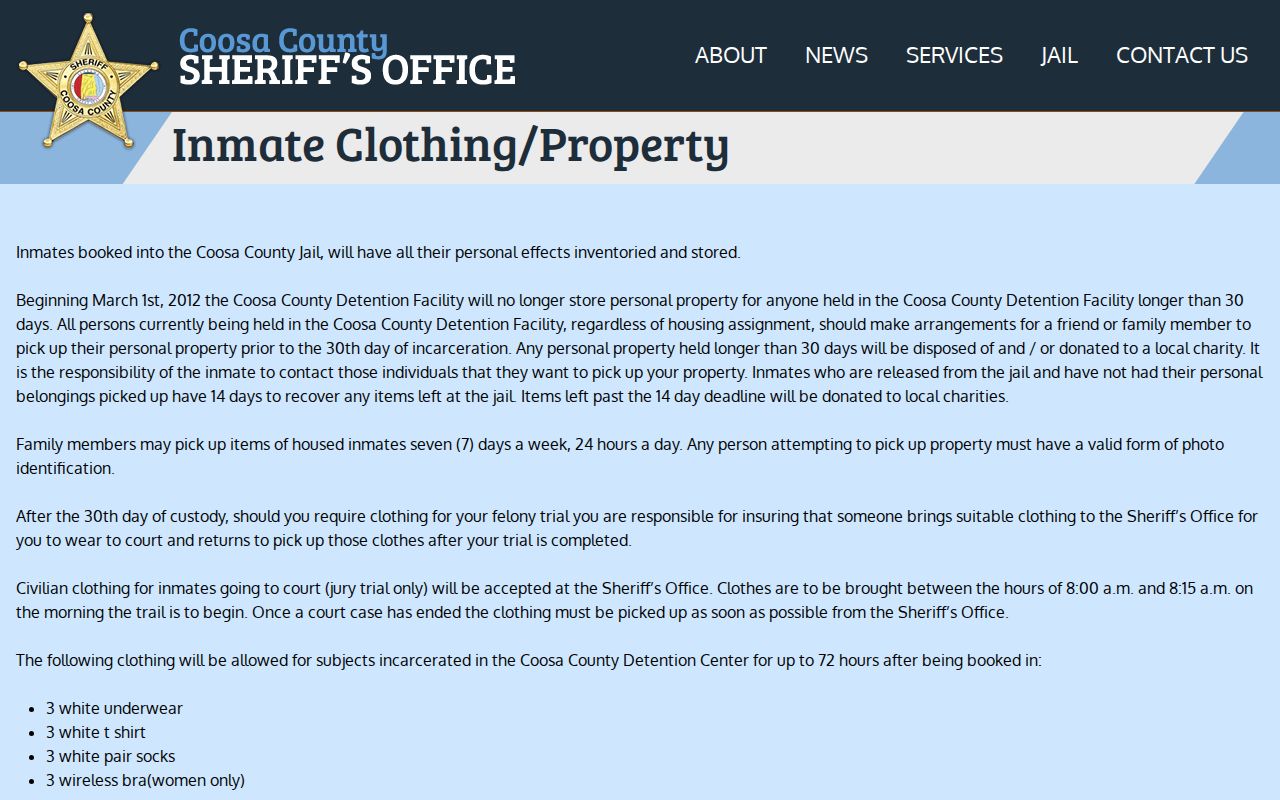 Coosa County Jail property pickup rule after release