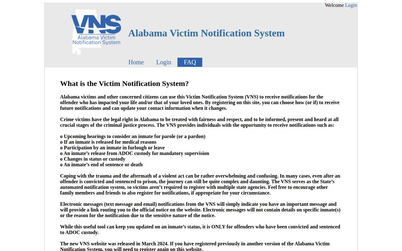 Coosa County VINELink release check VNS notification types and release date fields